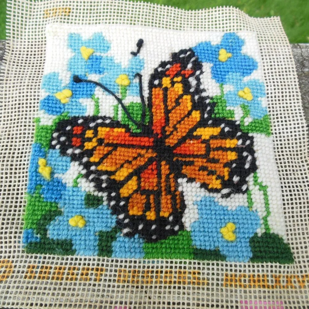 finished crewel needlepoint picture of Monarch butterfly vintage unframed 1970s
